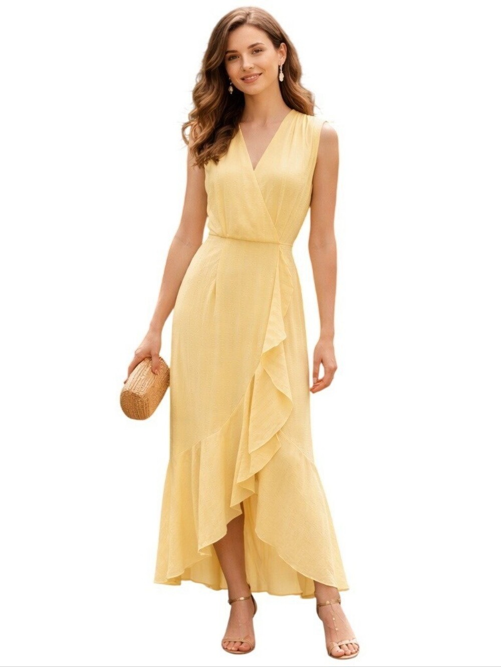 MAISON TARA Sleeveless Ruffle Wrap Midi Dress Buttercup Yellow